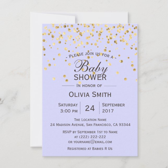 Invitations de Baby shower d'or Lavender personnal (Devant)