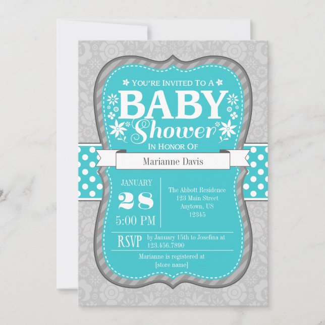 Invitations de Baby showers floraux gris turquoise (Devant)