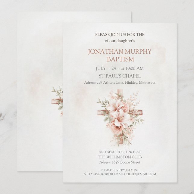 Invitations de baptême avec des illustrations élég (Devant / Derrière)
