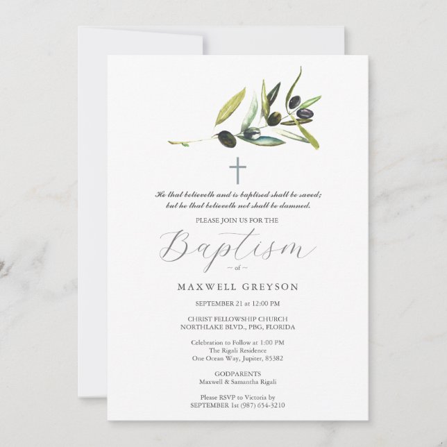Invitations de baptême Branche d'olivier religieux (Devant)