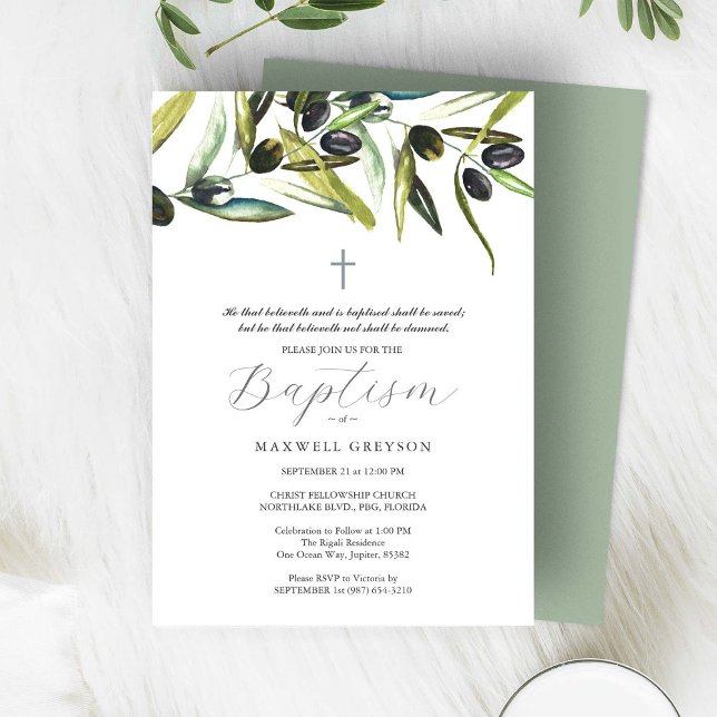 Invitations de baptême Branche d'olivier religieux (Baptism invitations feature watercolor olive branches by Victoria Grigaliunas of Do Tell A Belle)