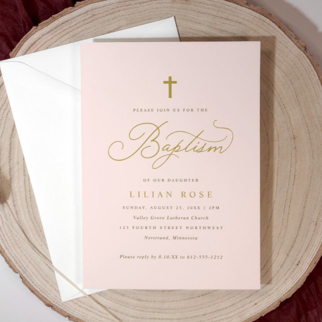 Invitations de baptême croisé - Fille fille rose (Light pink girl’s baptism invitation with gold script and cross—elegant and personalized.)