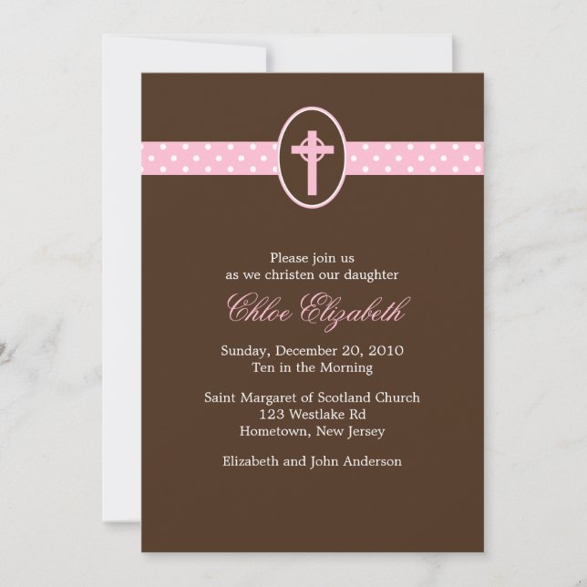 Invitations de baptême croix rose (Devant)