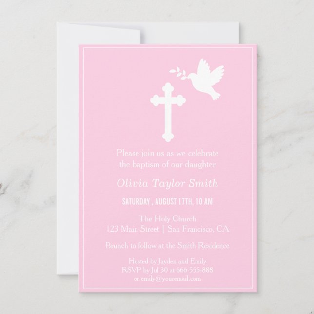 Invitations de baptême de la Croix rose moderne et (Devant)