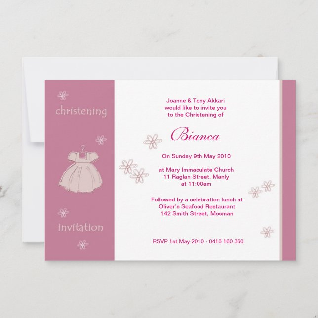 Invitations de baptême de robe de fraise (Devant)