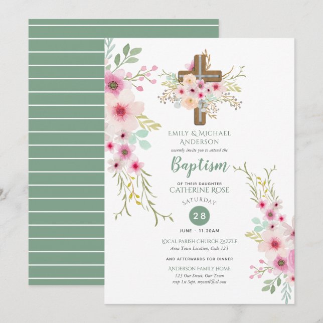 Invitations de Baptême Floral Pink Sage (Devant / Derrière)