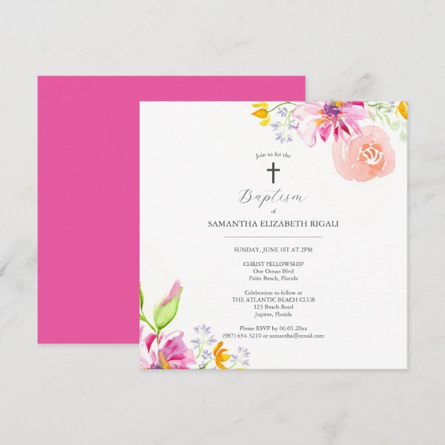 Invitations de baptêmes roses pour les fleurs de f (Devant / Derrière)