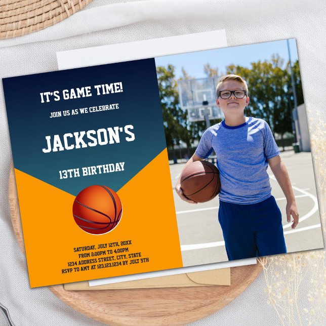 Invitations de basket-ball vert et orange avec pho (Green Orange Basketball Invitations with photo)