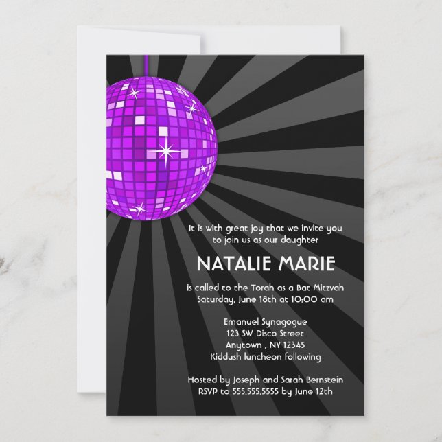 Invitations de Bat mitzvah de boules Disco Violet (Devant)