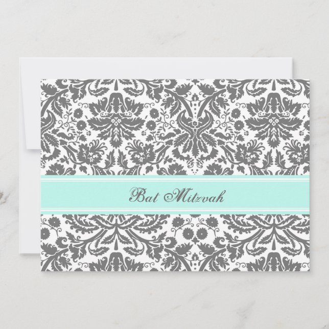 Invitations de Bat mitzvah de Damas gris d'Aqua (Devant)