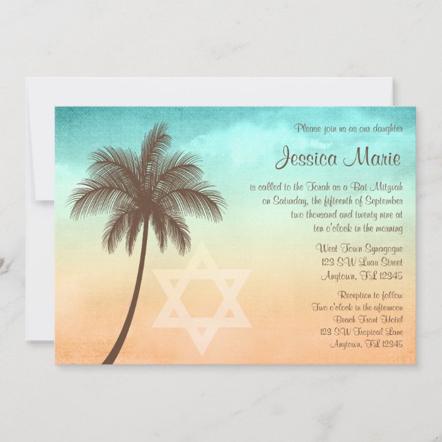 Invitations de Bat mitzvah de palmiers de plage tr (Devant)