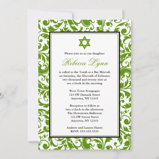 Invitations de Bat mitzvah Green Swirl Damask (Devant)