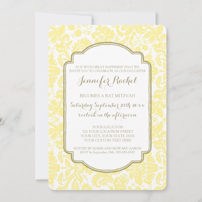 Invitations de Bat mitzvah Tan Yellow Damask (Dos)