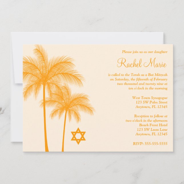 Invitations de Bat mitzvah tropicaux Orange Palm T (Devant)