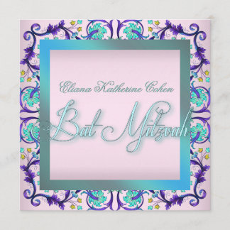 Invitations de Bat mitzvah turquoise bleu rose