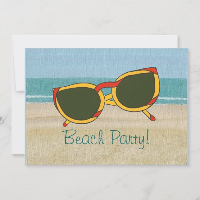 Invitations de beach party, sable océan & lunettes (Devant)