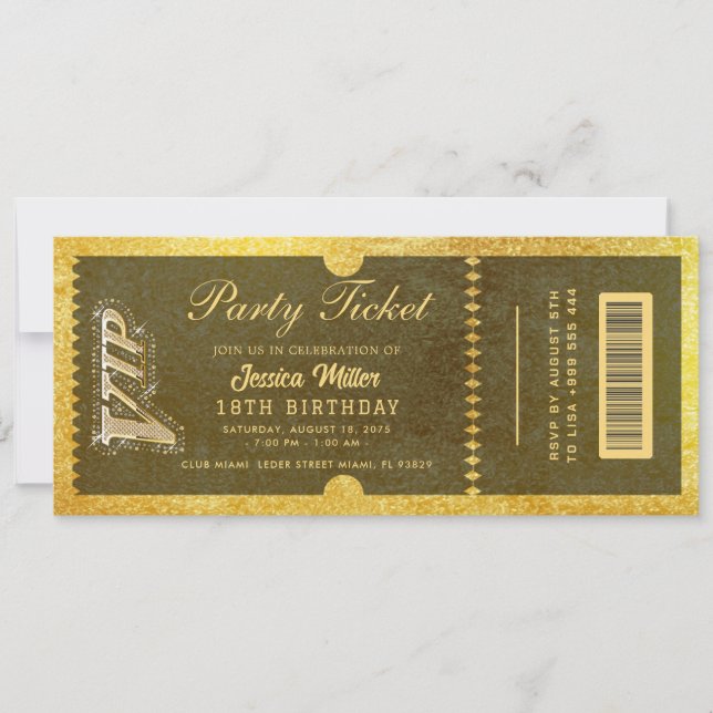 invitations de billet de fête dorées (Devant)