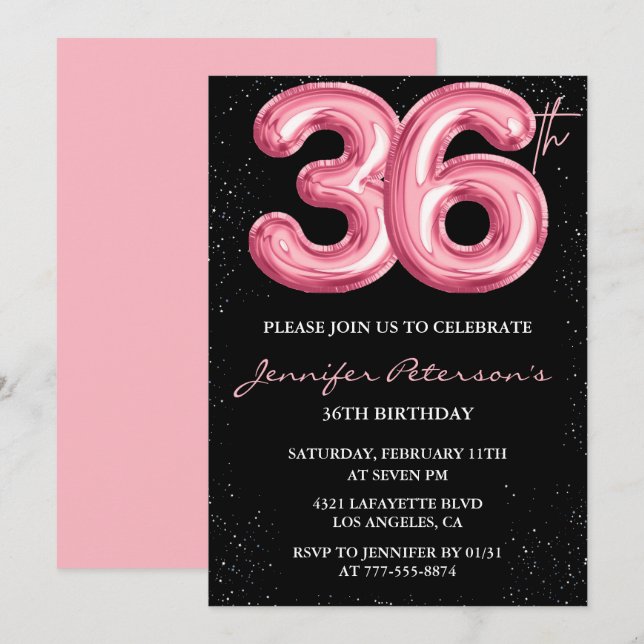 Invitations de Black Pink 36e anniversaire Ballons (Devant / Derrière)