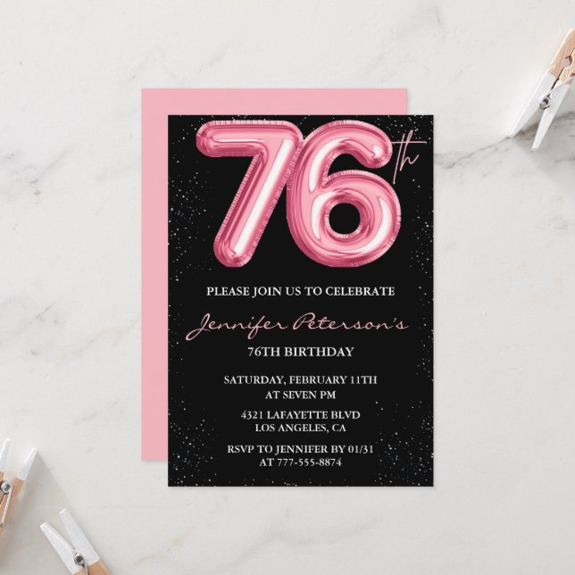 Invitations de Black Pink 76e anniversaire Ballons (Devant/Arrière en situation)
