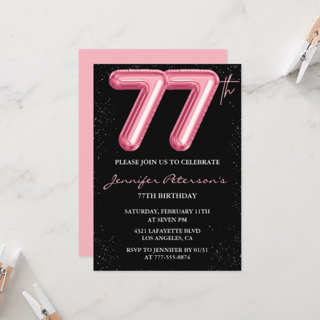 Invitations de Black Pink 77e anniversaire Ballons (Devant/Arrière en situation)