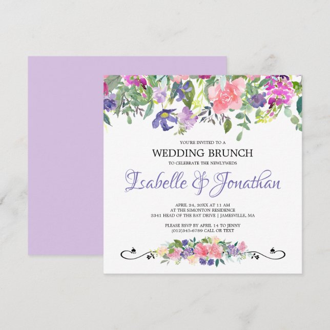 Invitations de Brunch Mariage à fleurs violet et r (Devant / Derrière)