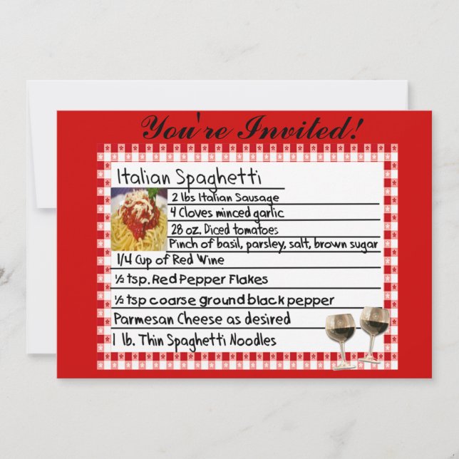 Invitations de cartes de recettes italiennes "Spag (Devant)