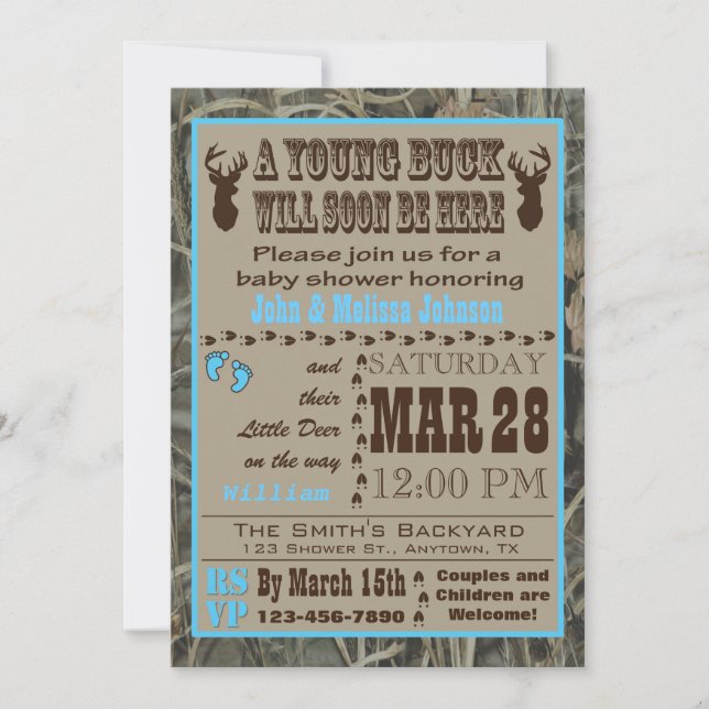 Invitations de chasse bleues de baby shower de (Devant)