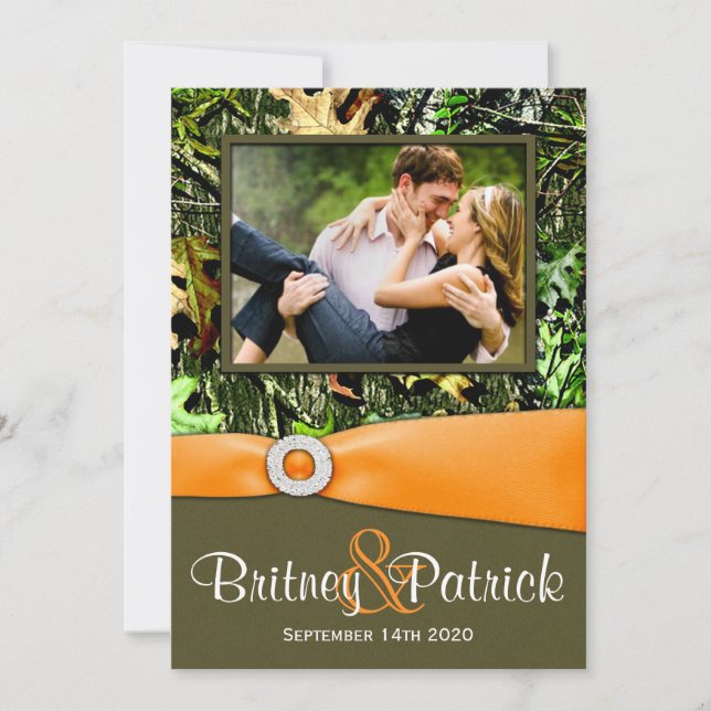 Invitations de chasse oranges de mariage de Camo (Devant)