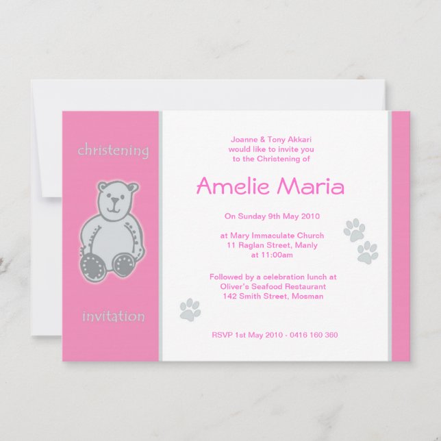Invitations de Christening d'Ours Roses Teddy (Devant)