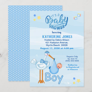 Invitations de cigognes et bébé garçon douche