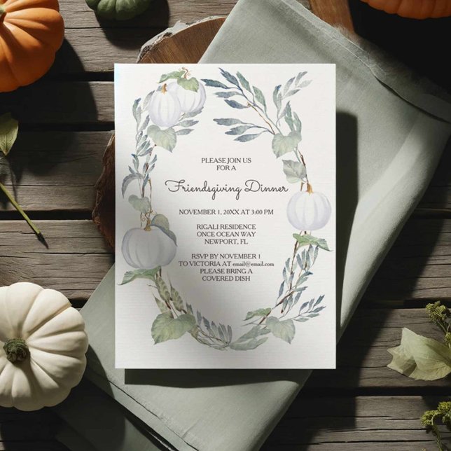 Invitations de Citrouilles blancs (White pumpkin Friendsgiving invitations)