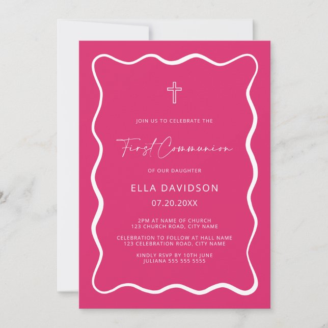 Invitations de communion rose vif (Devant)