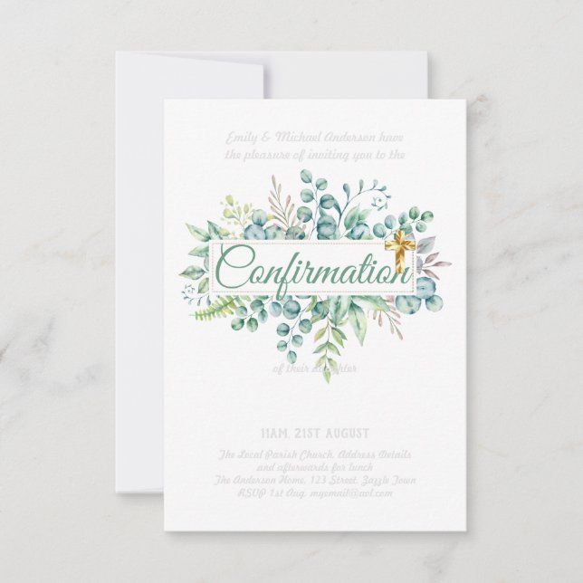 Invitations de confirmation Eucalyptus Greenery Bu (Devant)