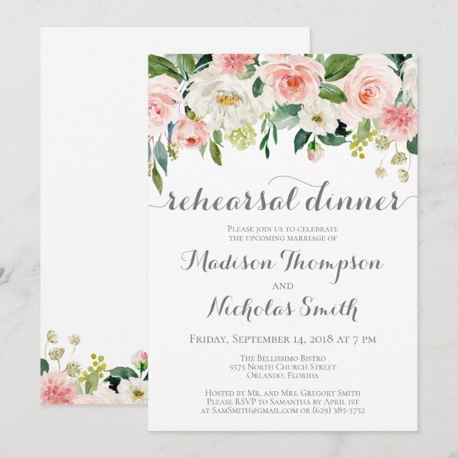 Invitations de dîner de répétition de fleur rose (Devant / Derrière)