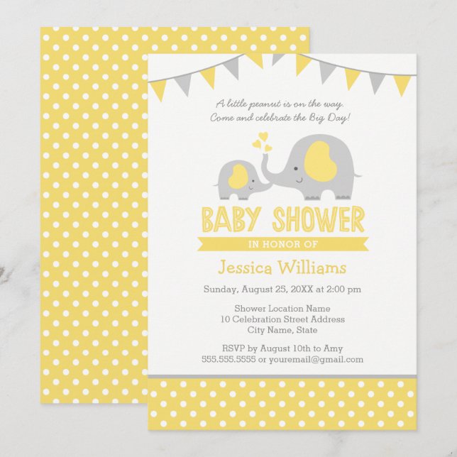 Invitations de douche bébé éléphant | Jaune et gri (Devant / Derrière)