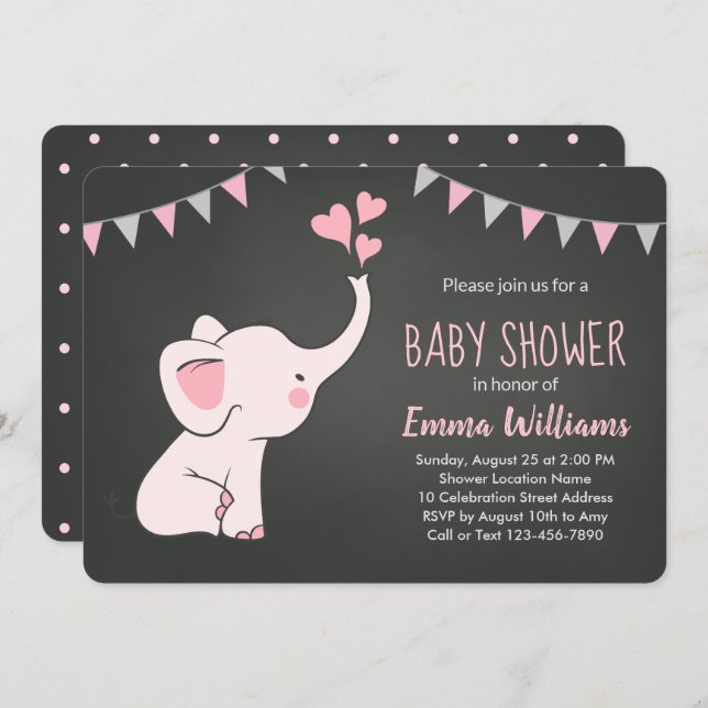 Invitations de douche bébé éléphant pour fille | R (Devant / Derrière)