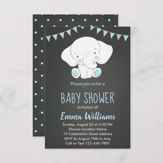Invitations de douche bébé éléphant pour garçon (Devant / Derrière)