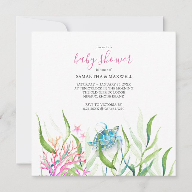 Invitations de douche bébé fille sous la mer (Devant)