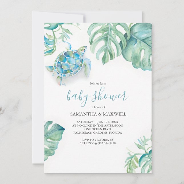 Invitations de douche bébé garçon Tortue tropicale (Devant)