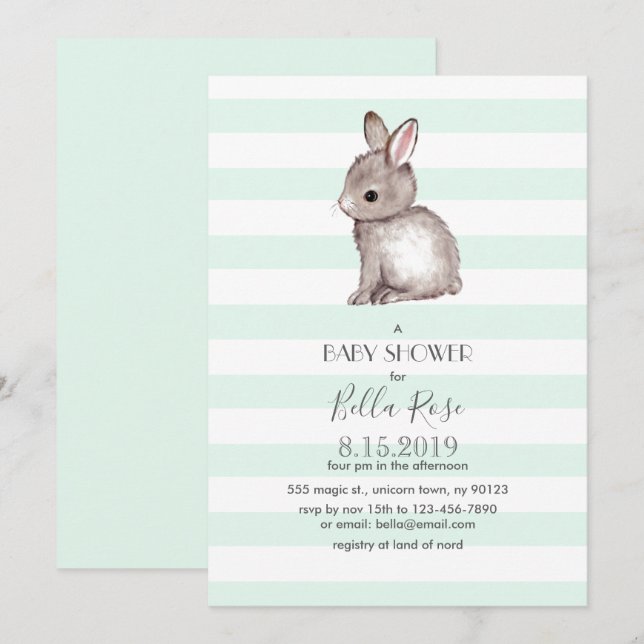 Invitations de douche bébé lapin gris à la menthe (Devant / Derrière)