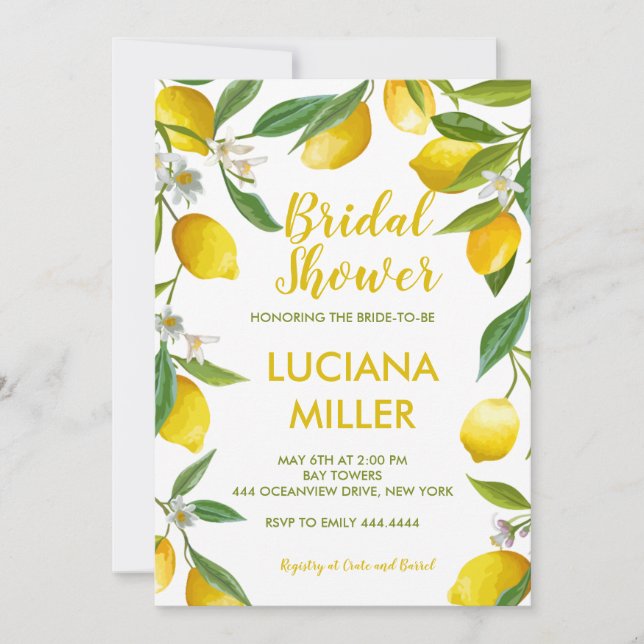 Invitations de douche nuptiale au citron de printe (Devant)