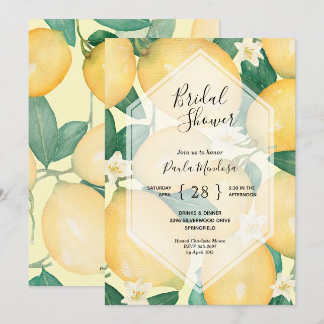 Invitations de douche nuptiale aux citrons aquarel (Devant / Derrière)
