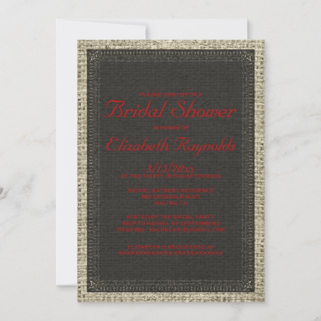 Invitations de douche nuptiale Black & Red Burlap (Devant)