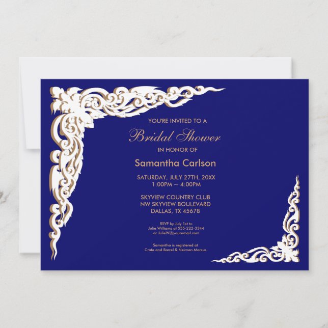 Invitations de douche nuptiale bleu et or de la Ma (Devant)