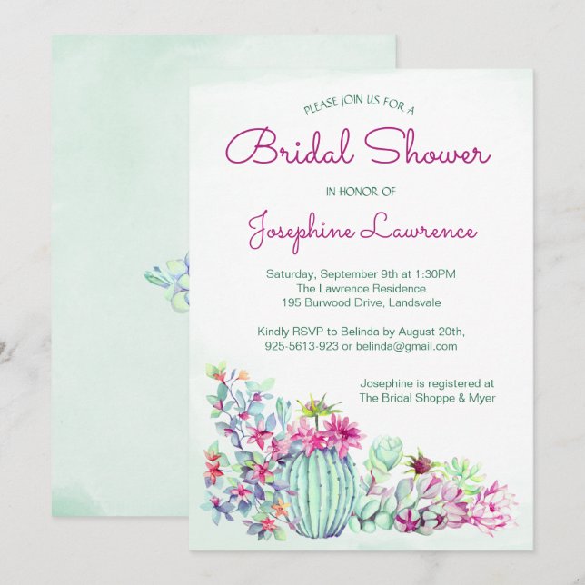 Invitations de douche nuptiale Cactus (Devant / Derrière)