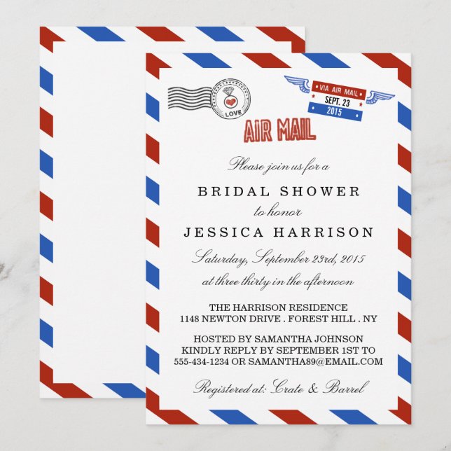 Invitations de douche nuptiale d'Airmail moderne (Devant / Derrière)