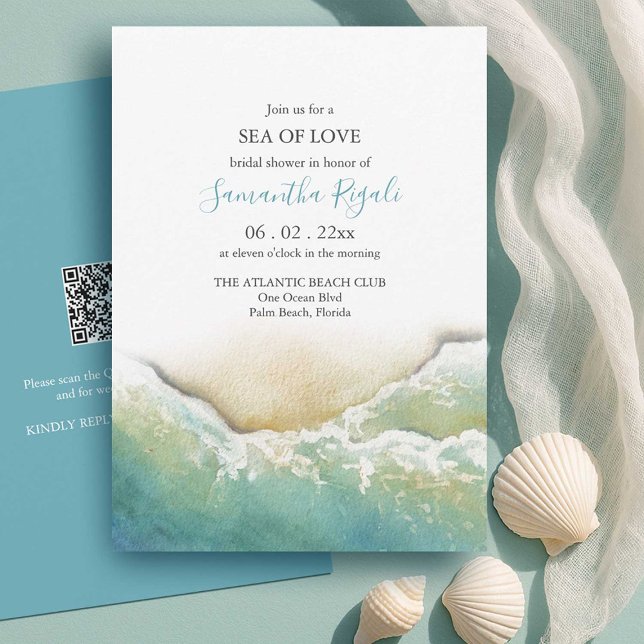 Invitations de douche nuptiale de plage turquoise  (teac beach bridal shower invitations watercolor shoreline by small business owner do tell a belle)