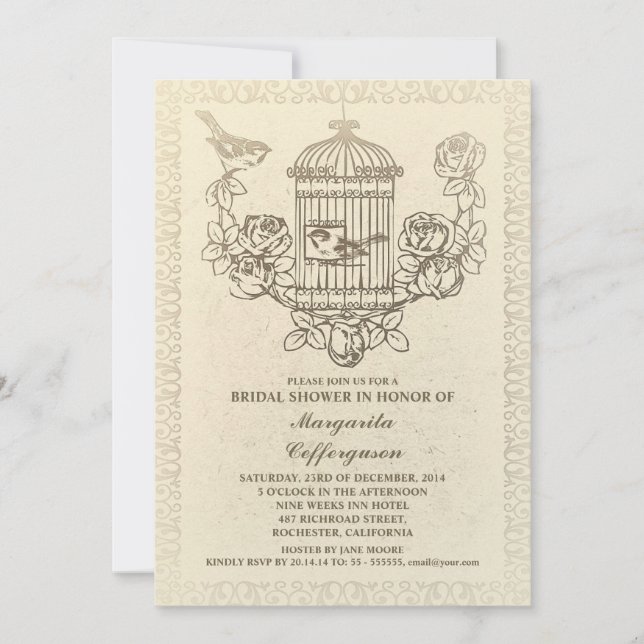 Invitations de douche nuptiale en cage vintage (Devant)