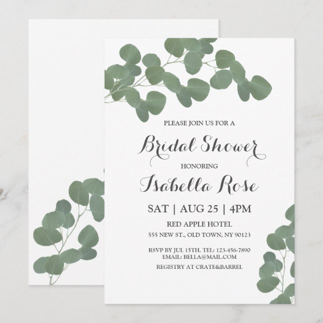 Invitations de douche nuptiale Eucalyptus en argen (Devant / Derrière)
