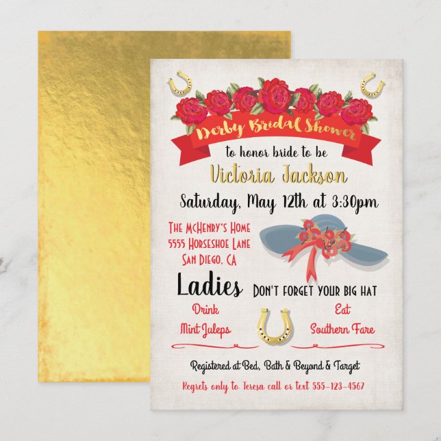 Invitations de douche nuptiale Gold Foil Derby (Devant / Derrière)